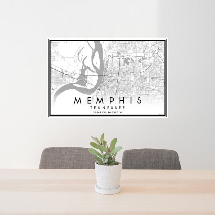 24x36 Memphis Tennessee Map Print Landscape Orientation in Classic Style Behind 2 Chairs Table and Potted Plant