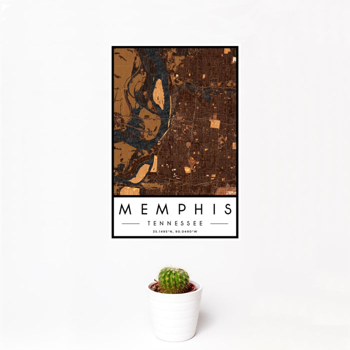 12x18 Memphis Tennessee Map Print Portrait Orientation in Ember Style With Small Cactus Plant in White Planter