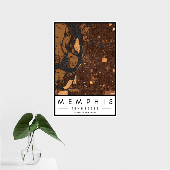16x24 Memphis Tennessee Map Print Portrait Orientation in Ember Style With Tropical Plant Leaves in Water