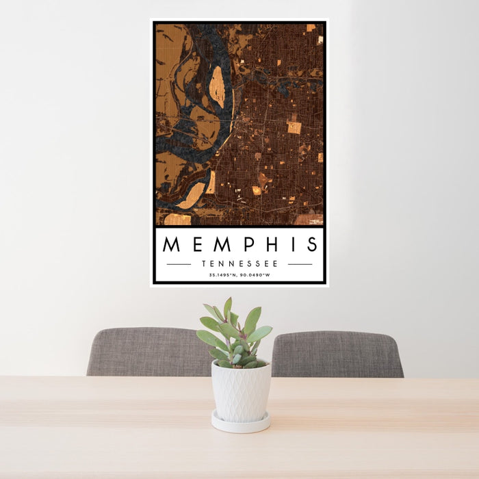 24x36 Memphis Tennessee Map Print Portrait Orientation in Ember Style Behind 2 Chairs Table and Potted Plant