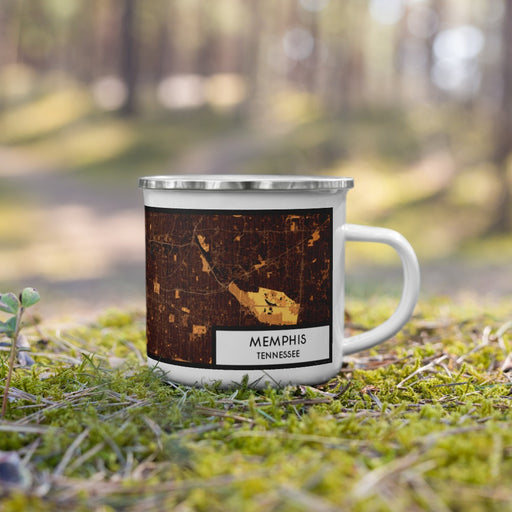 Right View Custom Memphis Tennessee Map Enamel Mug in Ember on Grass With Trees in Background