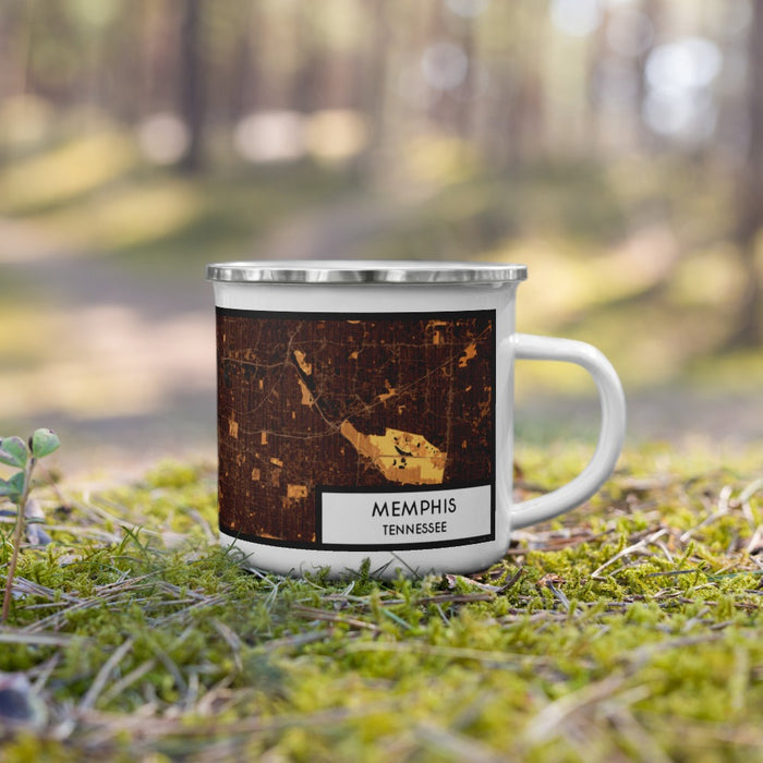 Right View Custom Memphis Tennessee Map Enamel Mug in Ember on Grass With Trees in Background
