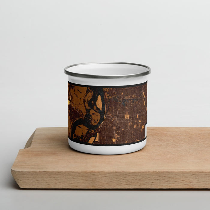 Front View Custom Memphis Tennessee Map Enamel Mug in Ember on Cutting Board