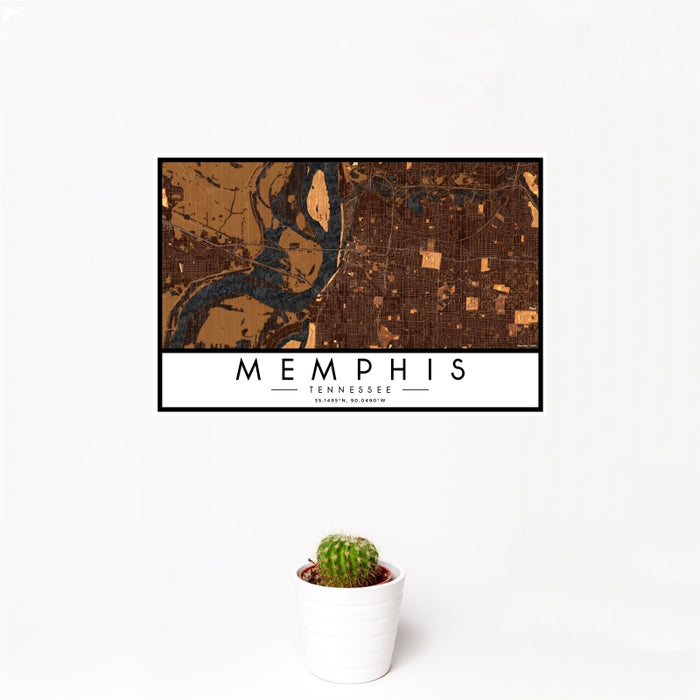 12x18 Memphis Tennessee Map Print Landscape Orientation in Ember Style With Small Cactus Plant in White Planter