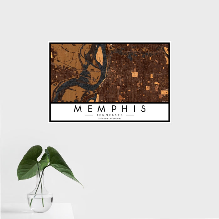 16x24 Memphis Tennessee Map Print Landscape Orientation in Ember Style With Tropical Plant Leaves in Water