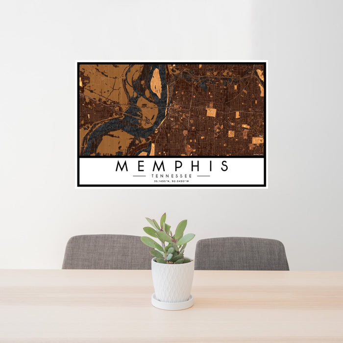 24x36 Memphis Tennessee Map Print Landscape Orientation in Ember Style Behind 2 Chairs Table and Potted Plant