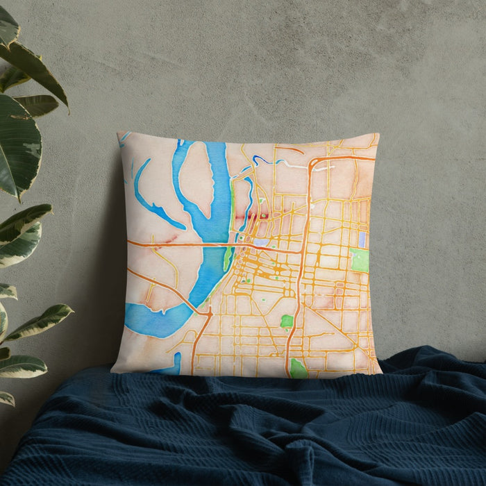 Custom Memphis Tennessee Map Throw Pillow in Watercolor on Bedding Against Wall