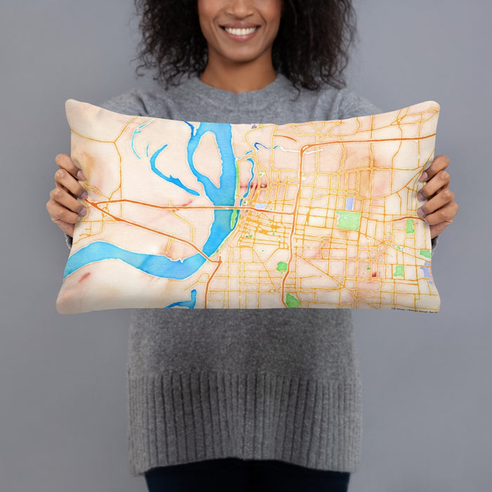 Person holding 20x12 Custom Memphis Tennessee Map Throw Pillow in Watercolor