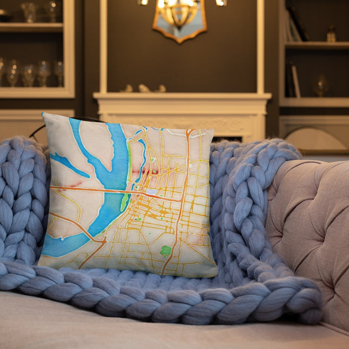 Custom Memphis Tennessee Map Throw Pillow in Watercolor on Cream Colored Couch