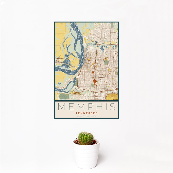 12x18 Memphis Tennessee Map Print Portrait Orientation in Woodblock Style With Small Cactus Plant in White Planter