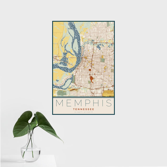 16x24 Memphis Tennessee Map Print Portrait Orientation in Woodblock Style With Tropical Plant Leaves in Water