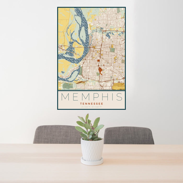 24x36 Memphis Tennessee Map Print Portrait Orientation in Woodblock Style Behind 2 Chairs Table and Potted Plant