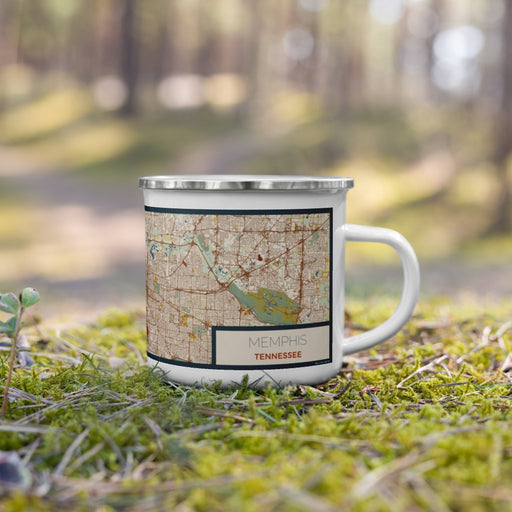 Right View Custom Memphis Tennessee Map Enamel Mug in Woodblock on Grass With Trees in Background