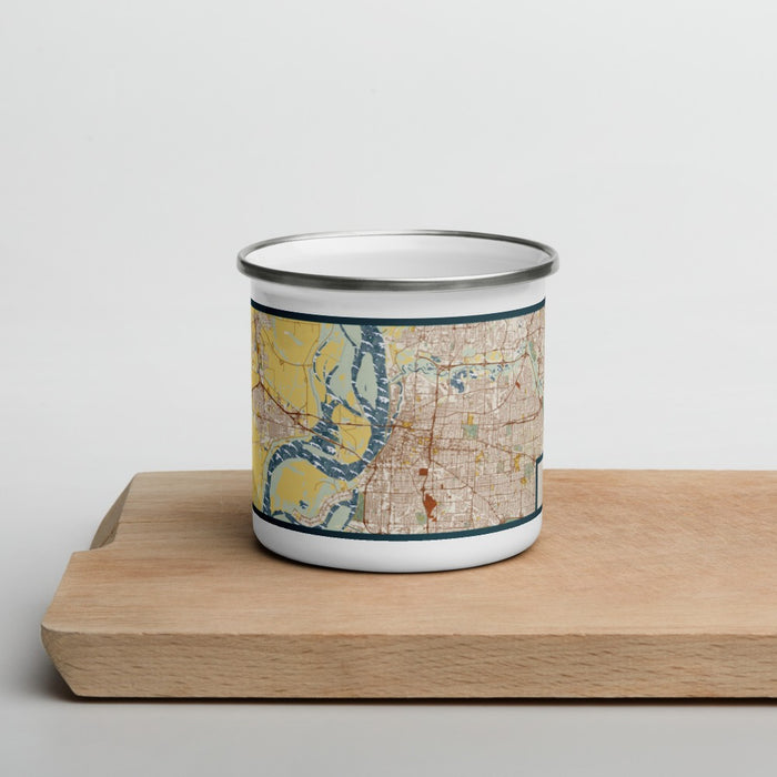 Front View Custom Memphis Tennessee Map Enamel Mug in Woodblock on Cutting Board