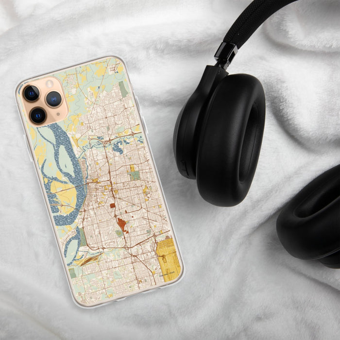 Custom Memphis Tennessee Map Phone Case in Woodblock on Table with Black Headphones