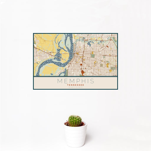 12x18 Memphis Tennessee Map Print Landscape Orientation in Woodblock Style With Small Cactus Plant in White Planter