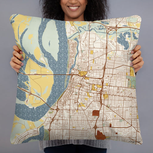 Person holding 22x22 Custom Memphis Tennessee Map Throw Pillow in Woodblock