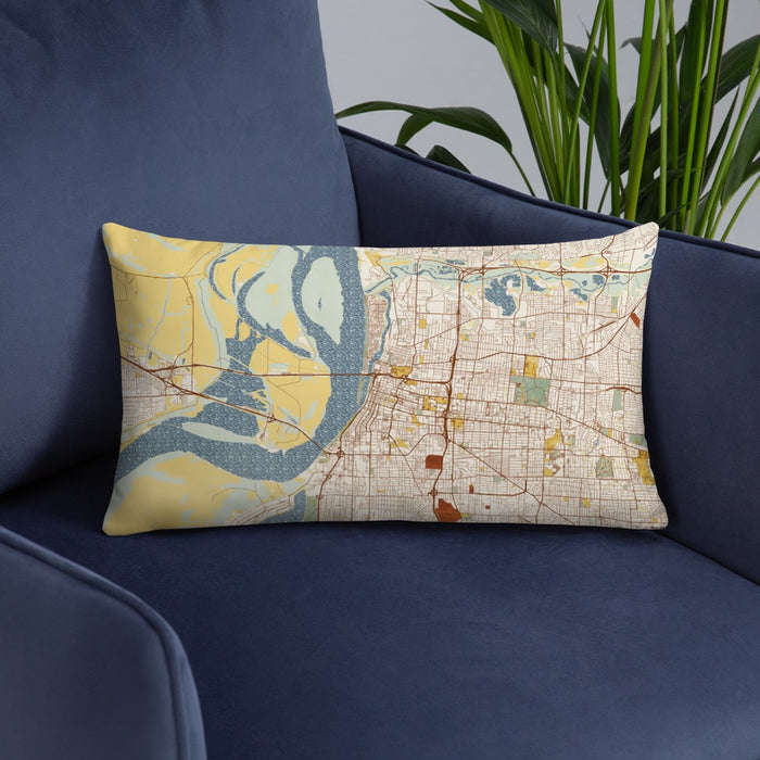 Custom Memphis Tennessee Map Throw Pillow in Woodblock on Blue Colored Chair