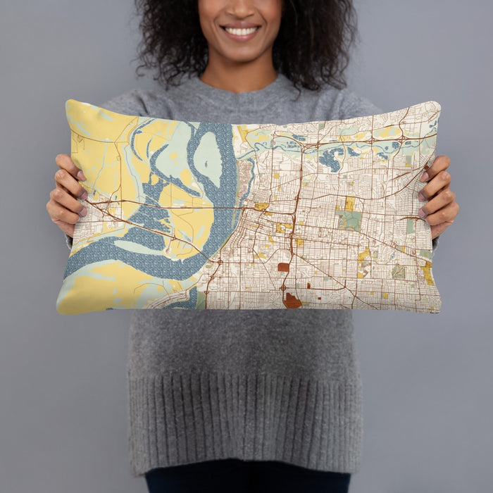 Person holding 20x12 Custom Memphis Tennessee Map Throw Pillow in Woodblock