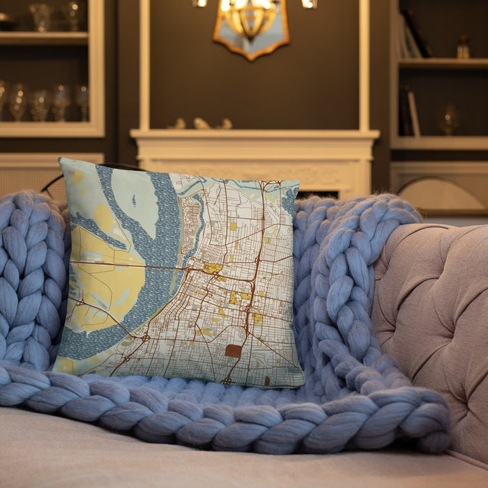 Custom Memphis Tennessee Map Throw Pillow in Woodblock on Cream Colored Couch