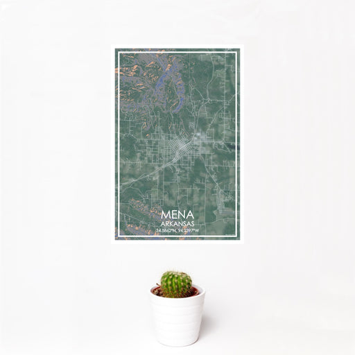 12x18 Mena Arkansas Map Print Portrait Orientation in Afternoon Style With Small Cactus Plant in White Planter