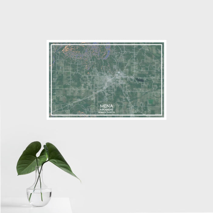 16x24 Mena Arkansas Map Print Landscape Orientation in Afternoon Style With Tropical Plant Leaves in Water