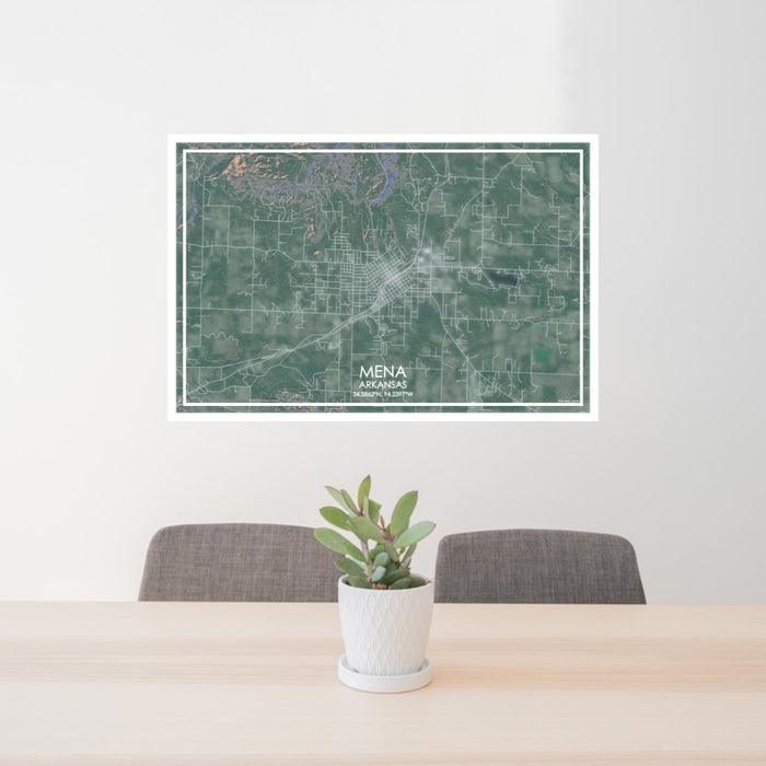24x36 Mena Arkansas Map Print Lanscape Orientation in Afternoon Style Behind 2 Chairs Table and Potted Plant