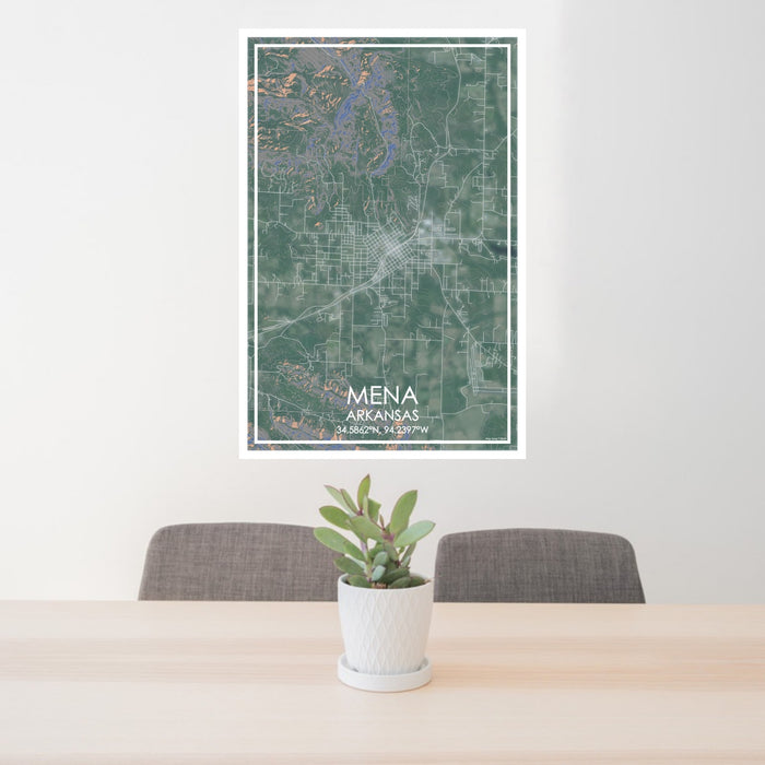 24x36 Mena Arkansas Map Print Portrait Orientation in Afternoon Style Behind 2 Chairs Table and Potted Plant