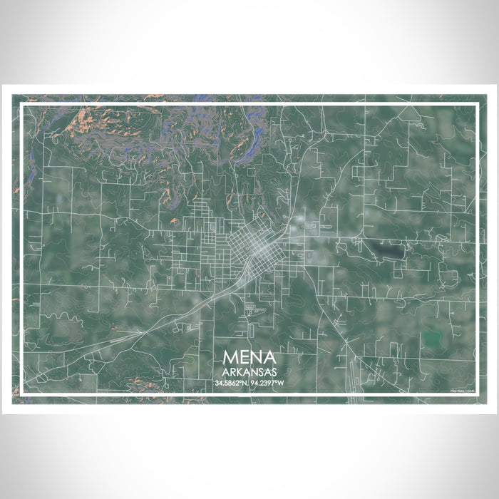 Mena Arkansas Map Print Landscape Orientation in Afternoon Style With Shaded Background