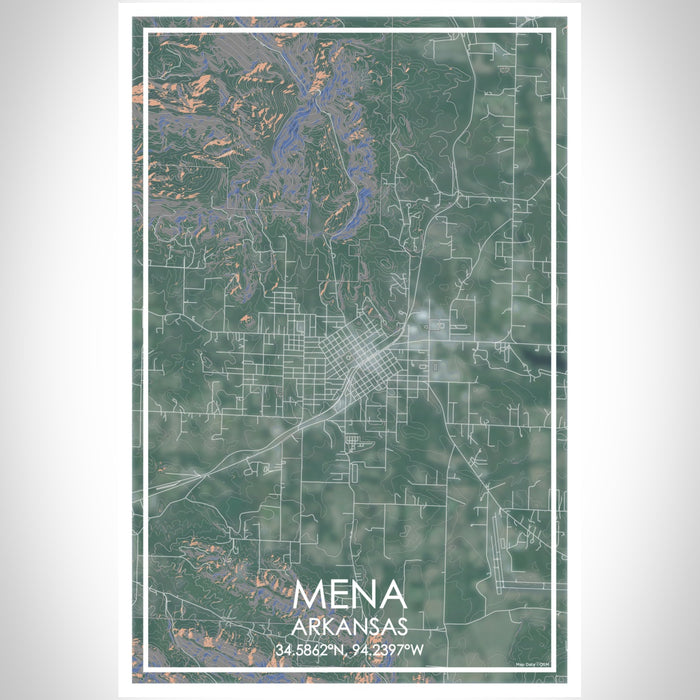 Mena Arkansas Map Print Portrait Orientation in Afternoon Style With Shaded Background