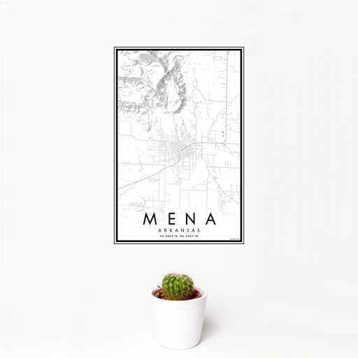 12x18 Mena Arkansas Map Print Portrait Orientation in Classic Style With Small Cactus Plant in White Planter