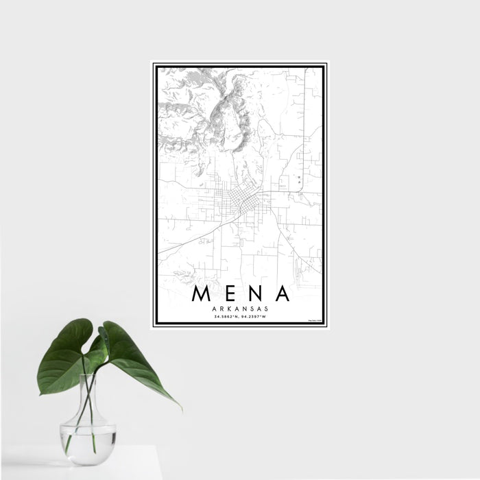 16x24 Mena Arkansas Map Print Portrait Orientation in Classic Style With Tropical Plant Leaves in Water