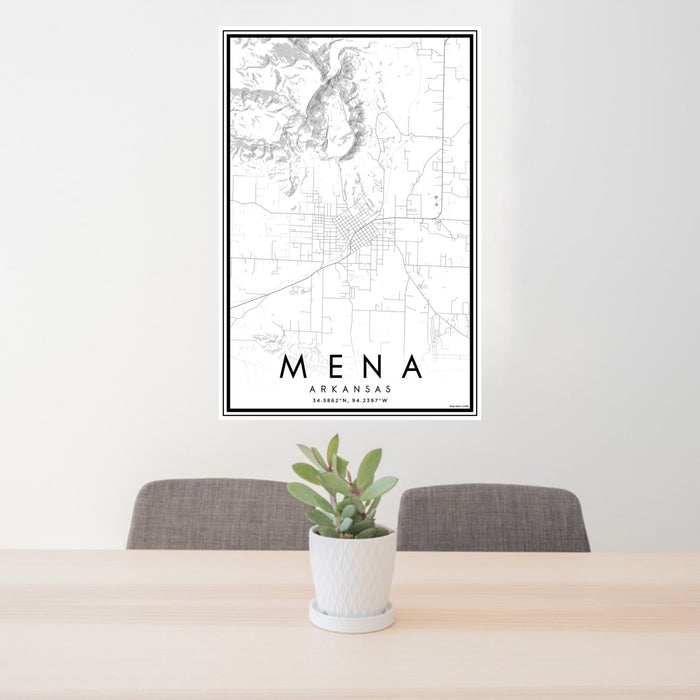 24x36 Mena Arkansas Map Print Portrait Orientation in Classic Style Behind 2 Chairs Table and Potted Plant