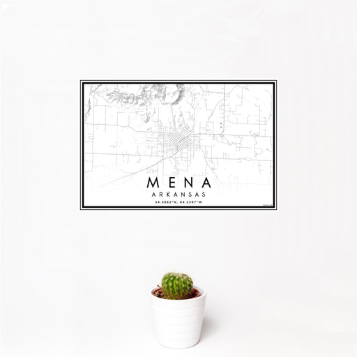 12x18 Mena Arkansas Map Print Landscape Orientation in Classic Style With Small Cactus Plant in White Planter