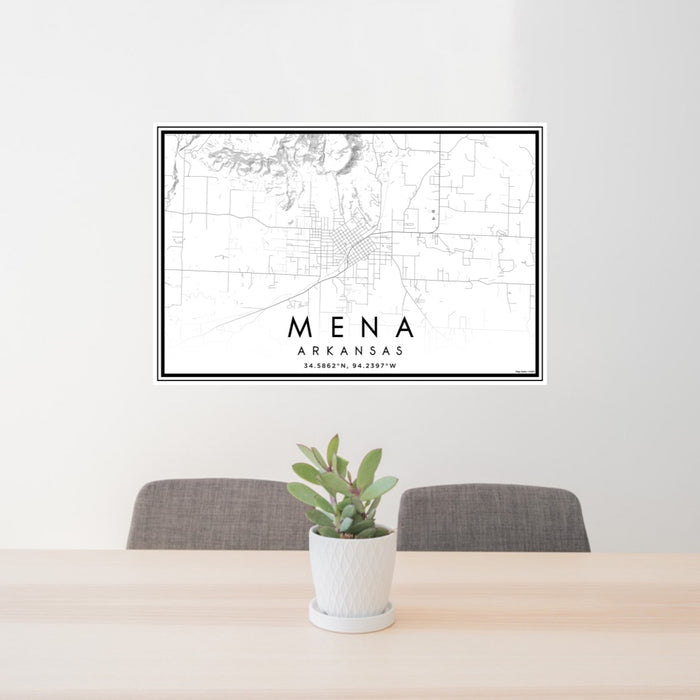 24x36 Mena Arkansas Map Print Landscape Orientation in Classic Style Behind 2 Chairs Table and Potted Plant