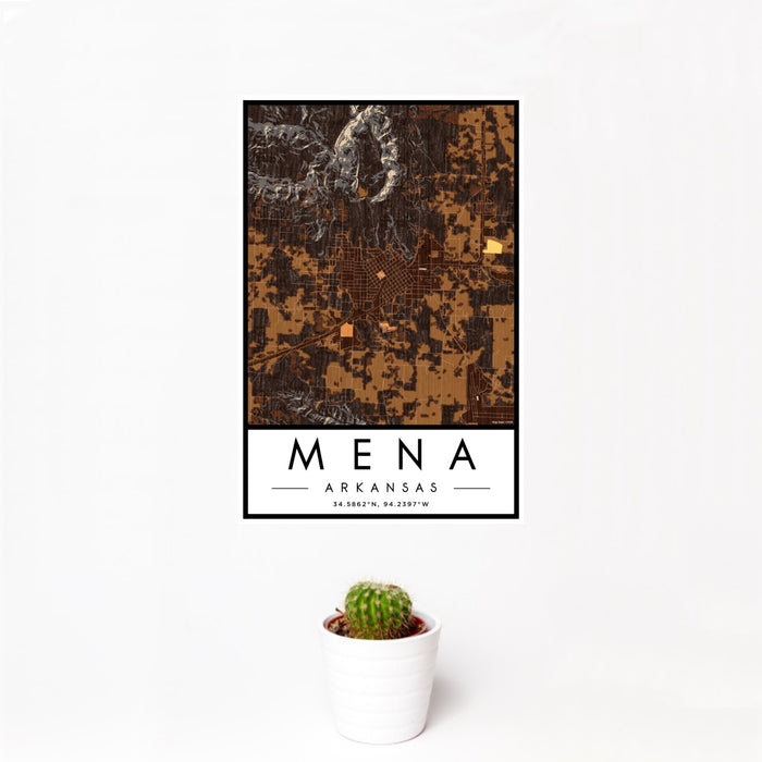 12x18 Mena Arkansas Map Print Portrait Orientation in Ember Style With Small Cactus Plant in White Planter
