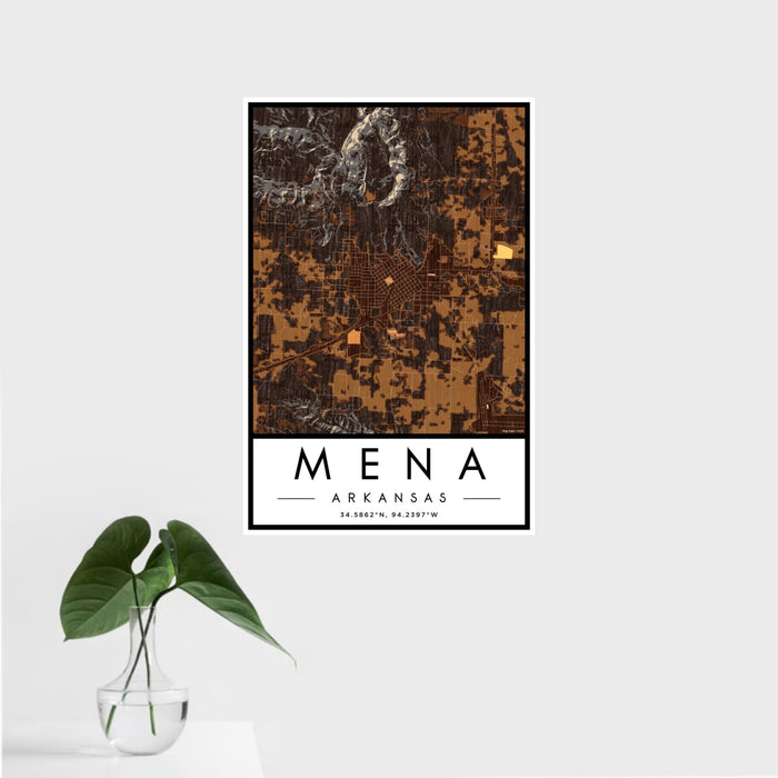 16x24 Mena Arkansas Map Print Portrait Orientation in Ember Style With Tropical Plant Leaves in Water
