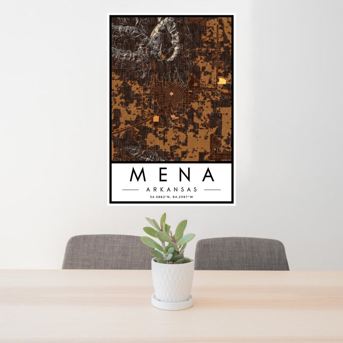 24x36 Mena Arkansas Map Print Portrait Orientation in Ember Style Behind 2 Chairs Table and Potted Plant