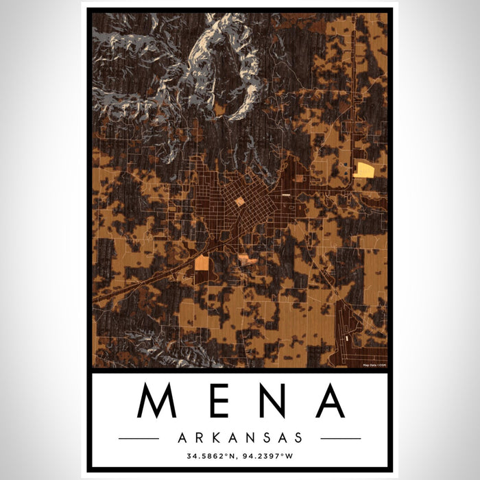 Mena Arkansas Map Print Portrait Orientation in Ember Style With Shaded Background