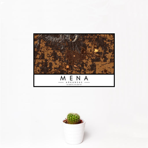 12x18 Mena Arkansas Map Print Landscape Orientation in Ember Style With Small Cactus Plant in White Planter
