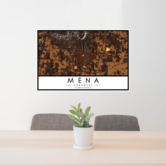 24x36 Mena Arkansas Map Print Landscape Orientation in Ember Style Behind 2 Chairs Table and Potted Plant