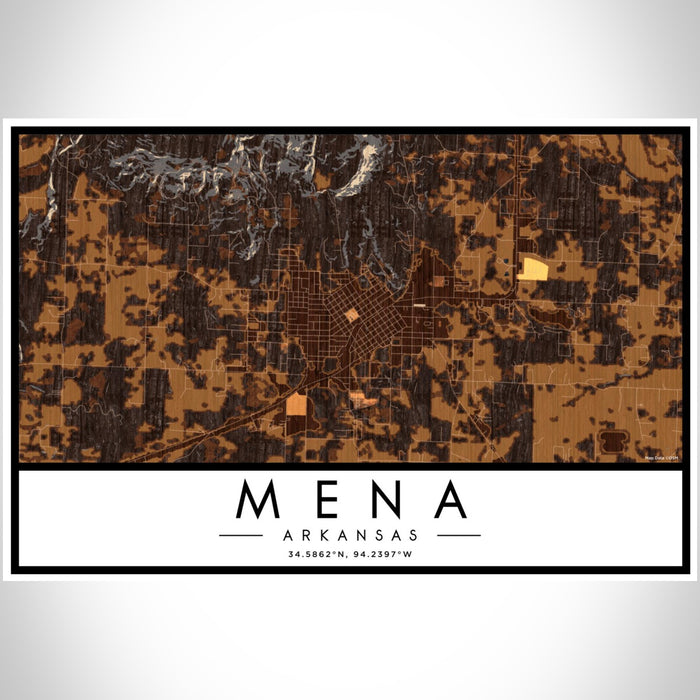 Mena Arkansas Map Print Landscape Orientation in Ember Style With Shaded Background