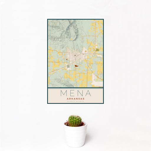 12x18 Mena Arkansas Map Print Portrait Orientation in Woodblock Style With Small Cactus Plant in White Planter