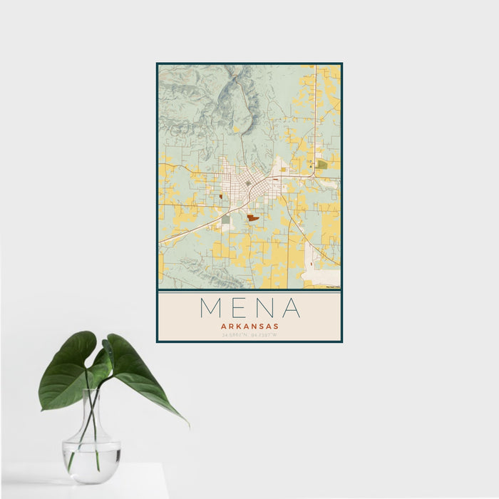 16x24 Mena Arkansas Map Print Portrait Orientation in Woodblock Style With Tropical Plant Leaves in Water
