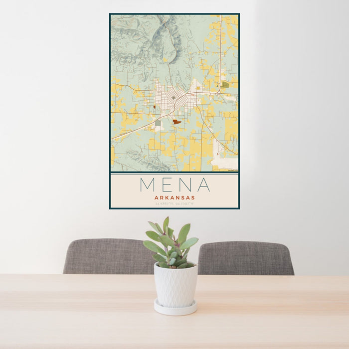 24x36 Mena Arkansas Map Print Portrait Orientation in Woodblock Style Behind 2 Chairs Table and Potted Plant