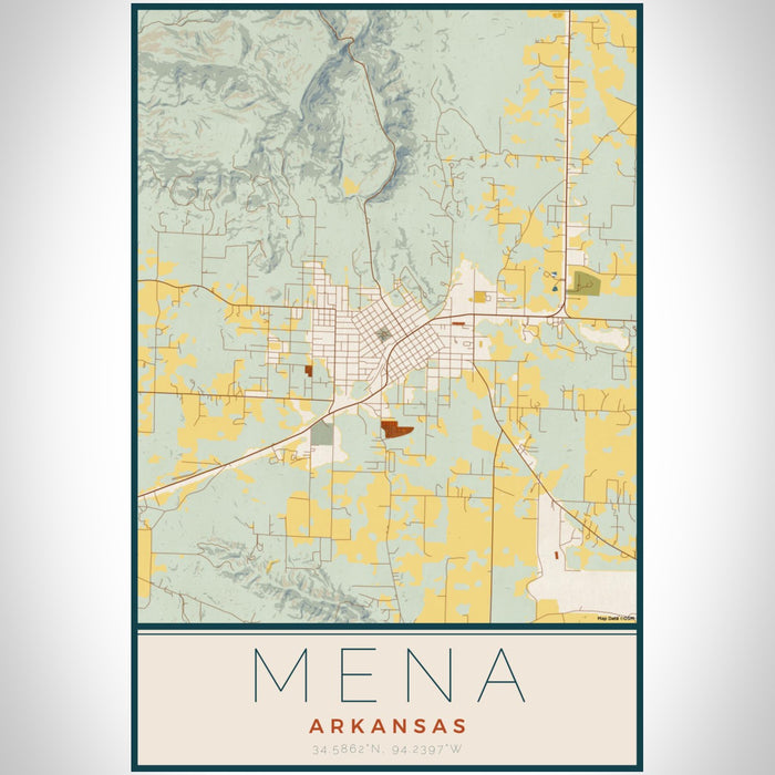 Mena Arkansas Map Print Portrait Orientation in Woodblock Style With Shaded Background