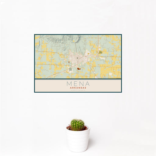 12x18 Mena Arkansas Map Print Landscape Orientation in Woodblock Style With Small Cactus Plant in White Planter