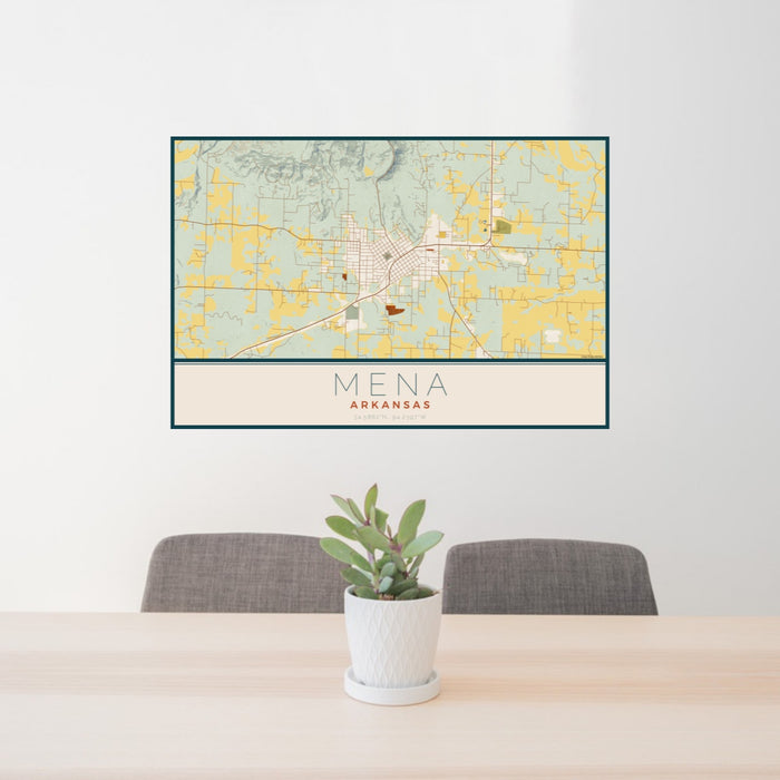 24x36 Mena Arkansas Map Print Landscape Orientation in Woodblock Style Behind 2 Chairs Table and Potted Plant