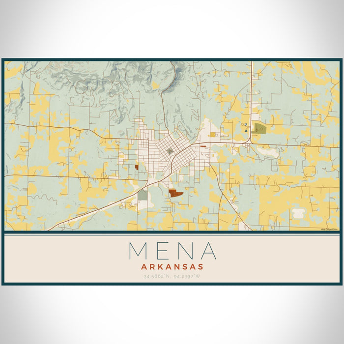 Mena Arkansas Map Print Landscape Orientation in Woodblock Style With Shaded Background