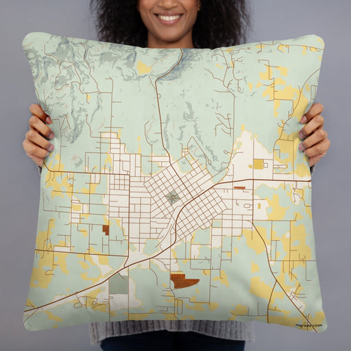 Person holding 22x22 Custom Mena Arkansas Map Throw Pillow in Woodblock